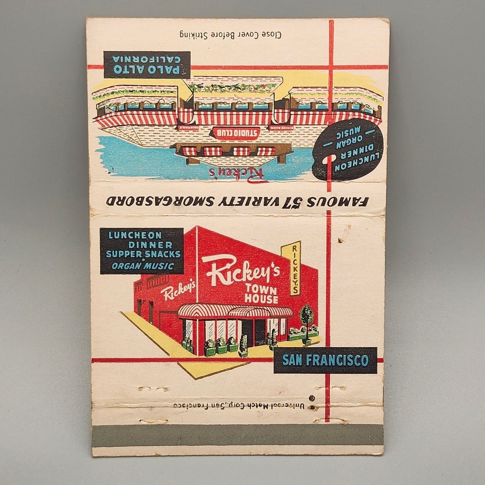Rickey's Town House San Francisco & Studio Club Palo Alto Matchbook Cover